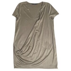 Zara Trafaluc Faux Suede Draped Front V-Neck Shift Dress Olive Green Women Sz M